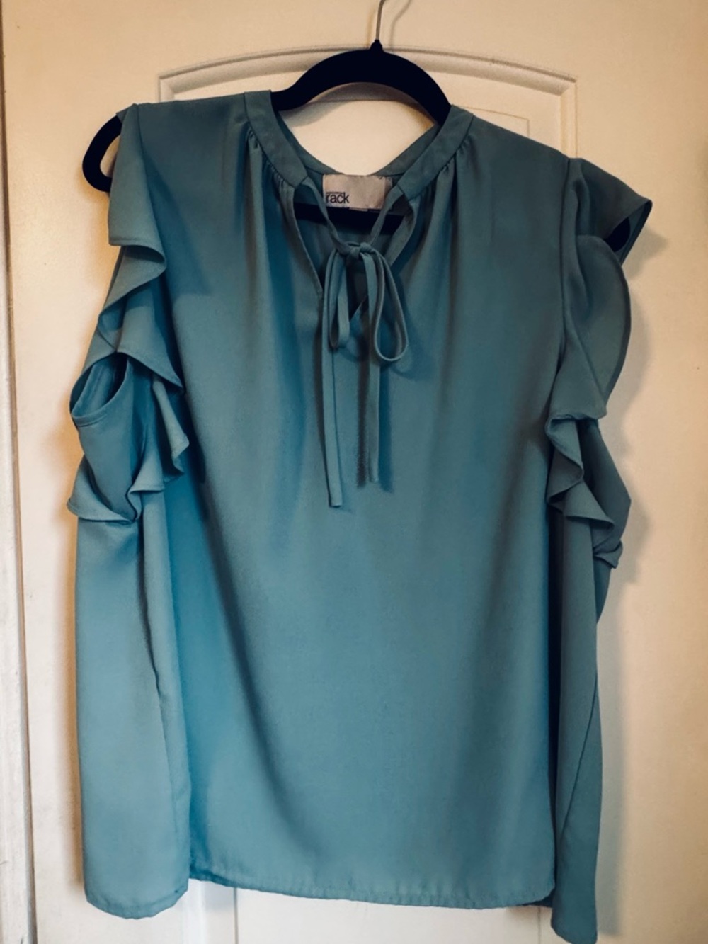 RACK Teal Ruffle-Sleeve Tie-Neck Blouse